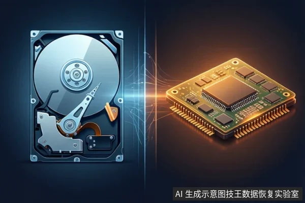 深色背景中,左侧为打开外壳的机械硬盘,右侧为绿色电路板芯片,中间有蓝色光线连接两者。