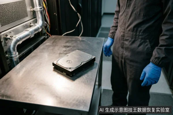 画面展示了一个金属台面上放置的3.5英寸机械硬盘,旁边站着一位身穿深色连体工作服、佩戴蓝色防静电手套的技术人员。背景可见服务器机柜及银色通风管道,呈现出专业数据恢复实验室或洁净间的检测环境。