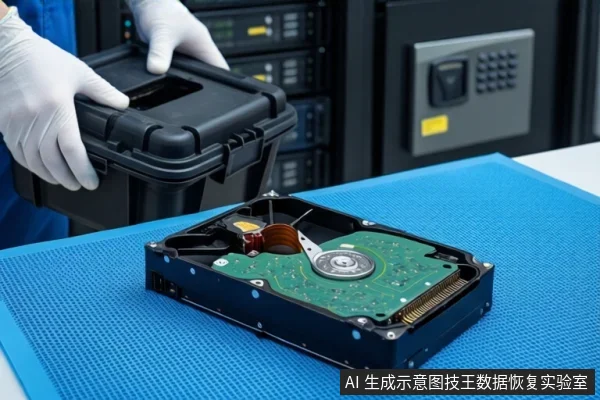 蓝色防静电垫上平放一块打开外壳的机械硬盘,可见盘片与磁头组件。左侧一双戴白色手套的手正握持一个打开的黑色防震箱,背景为模糊的服务器机柜。