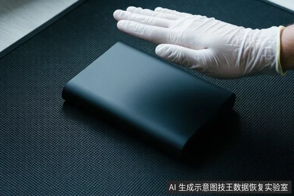 一只戴白色手套的手悬停在黑色防静电垫上的黑色矩形设备上方,未接触设备。