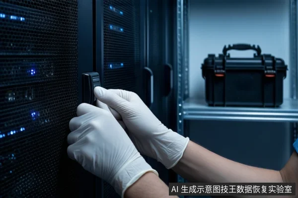 蓝色调机房内,一双戴白手套的手正操作左侧服务器机柜门把手,右侧金属架上放置一个黑色防震箱。