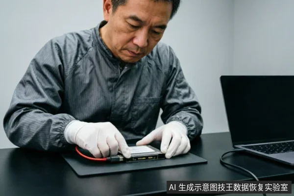 一名身穿灰色防静电服、佩戴白色手套的技术人员正在黑色工作台上操作。他使用红黑双色线缆连接一块裸露的硬盘进行物理检测,旁边放置有一台笔记本电脑,展示了专业数据恢复环境下的硬件连接与只读检测场景。