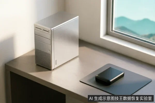 一张极简风格的桌面场景图，左侧放置一台银色立式台式电脑主机，右侧黑色鼠标垫上放着一个闭合的黑色移动硬盘。窗外可见模糊的山景，光线明亮柔和，无屏幕显示或操作动作。