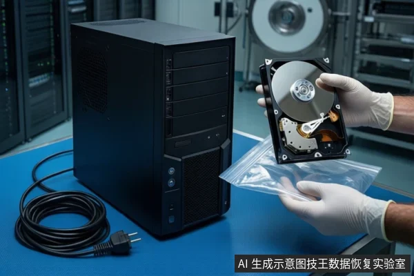蓝色防静电垫上放置一台黑色立式主机,左侧盘绕着一根黑色电源线。右侧一双戴白色手套的手正握持一块打开外壳的机械硬盘,展示其盘片与磁头组件,下方托着一个透明自封袋。背景为模糊的服务器机柜和圆形洁净设备。