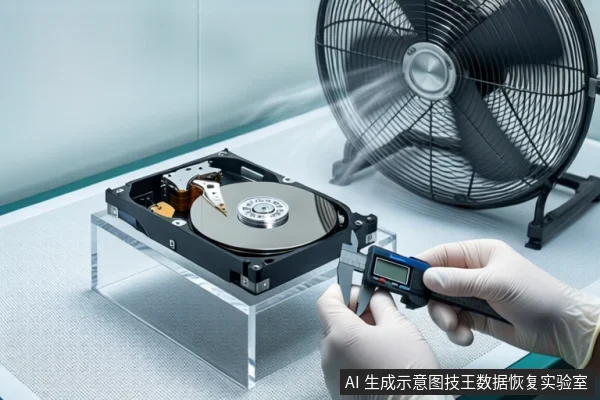 白色防静电工作台上,透明底座上平放一块打开外壳的机械硬盘,右侧一台黑色风扇正对着硬盘吹风,前景一双戴白色手套的手持数显卡尺测量硬盘边缘。