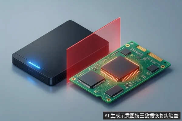 灰色桌面上左侧平放一个黑色外接硬盘盒,正面亮着蓝色指示灯;右侧平放一块绿色固态硬盘电路板,中央主控芯片发橙色光,两者之间有一道红色半透明光幕。