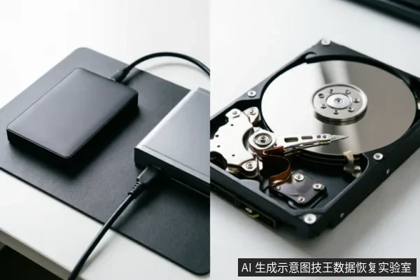 图片分为左右两部分：左侧展示了一个连接着数据线的黑色移动硬盘盒及外接设备；右侧特写展示了一块已开盖的机械硬盘内部结构，清晰可见金属磁盘盘片、读写磁头臂及精密机械组件。