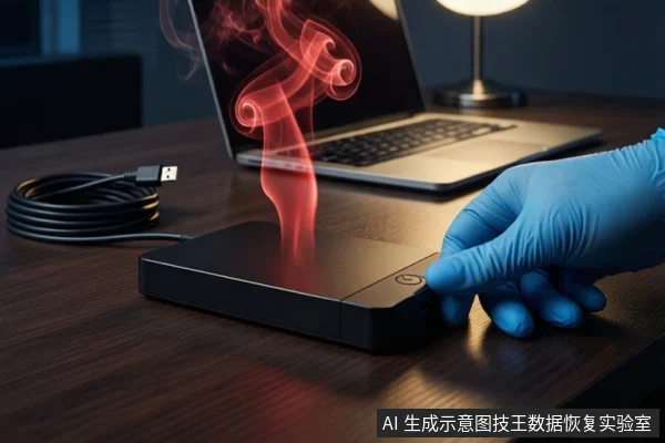 深色木桌上，一只戴蓝色手套的手正按压黑色外接硬盘盒的电源按钮。硬盘盒上方有红色烟雾状光效。左侧有一根盘绕的USB线缆，背景是一台银色笔记本电脑和一盏台灯。