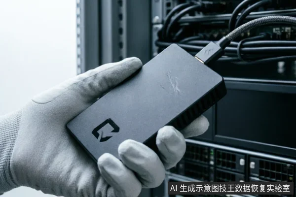 一只戴着灰色防静电手套的手正握持一个黑色长方体外部存储设备,将其通过USB线缆连接至背景中模糊的服务器机架端口。画面展示了在专业数据恢复或维护环境中,对存储硬件进行物理连接与排查的场景。