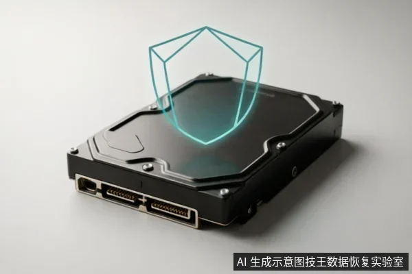 画面展示了一块黑色的机械硬盘，其上方悬浮着一个发光的青色线框盾牌图标。该视觉元素象征着对存储设备的数据保护与安全防御策略。