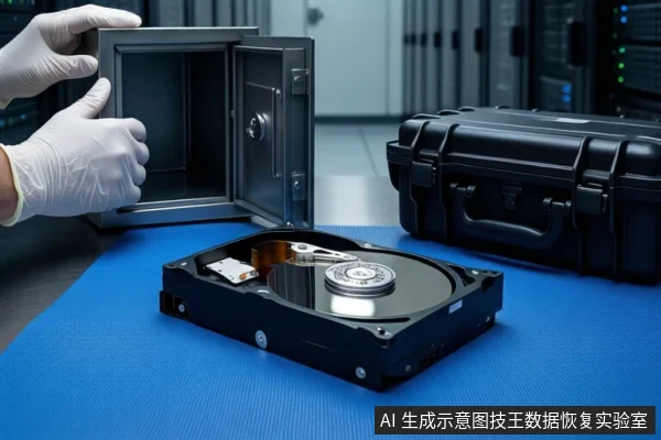 蓝色防静电垫上平放一块打开外壳的机械硬盘,可见盘片与磁头组件。左侧一双戴白色手套的手正握持一个打开的灰色保险柜门,右侧放置一个闭合的黑色防震箱,背景为模糊的服务器机柜。