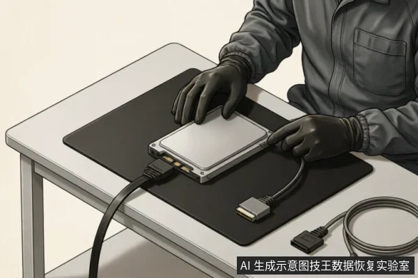 一名佩戴黑色防静电手套的技术人员正在操作一块2.5英寸机械硬盘。硬盘放置在黑色防静电垫上,SATA数据线与电源接口已连接。桌面上还备有一根USB转SATA易驱线及适配器,展示了数据恢复过程中对原始存储介质的安全连接与隔离环境。