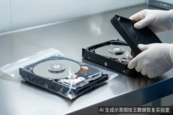金属桌面上,一双戴白色手套的手正打开一块机械硬盘的黑色外壳,旁边透明防静电袋内平放着另一块已拆开的硬盘,露出盘片与磁头组件。
