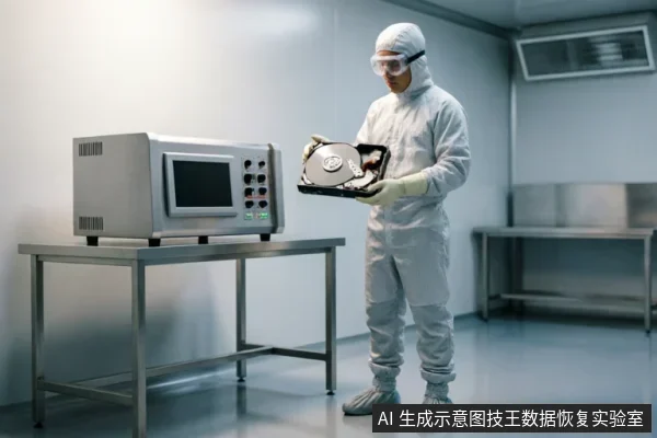 身穿白色连体洁净服的专业人员手持打开的机械硬盘，站在不锈钢操作台旁。台上放置有一台带有屏幕和按钮的银灰色专业检测仪器，背景为无尘实验室环境，展示硬件层面的专业评估场景。