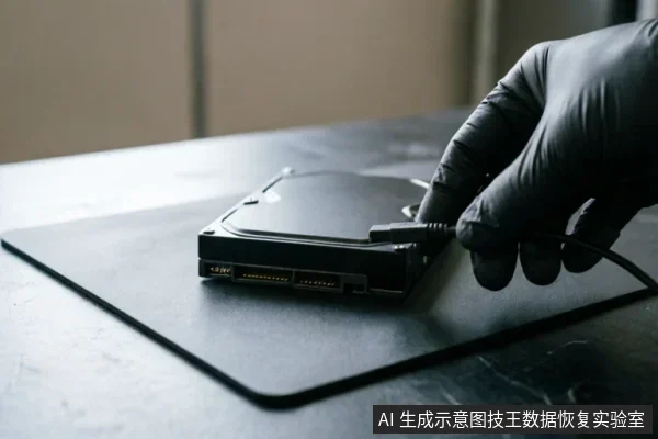 一只戴着黑色防静电手套的手正在将SATA数据线插入放置在黑色防静电垫上的机械硬盘接口。画面清晰展示了数据线与硬盘连接端的物理对接过程，体现了规范的外部连接检查操作。