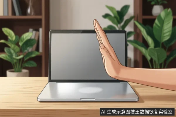 一只手掌在银色笔记本电脑屏幕前做出明显的“停止”手势,示意拒绝操作或中断连接。背景为带有绿植和书架的办公环境,画面传达出在设备异常时立即停止通电或使用、保护数据安全的警示含义。