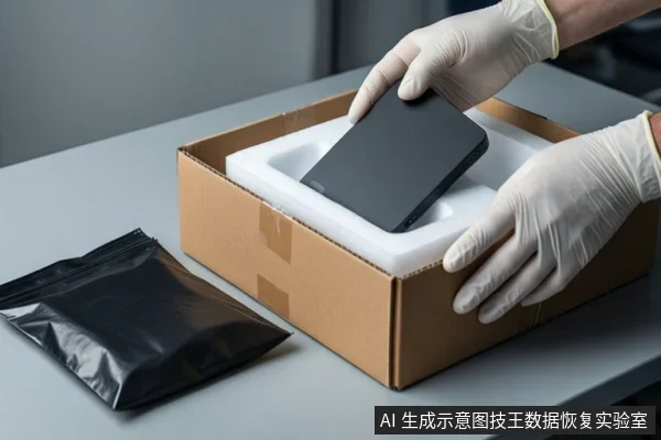 灰色桌面上，一双戴白色手套的手正将一块黑色移动硬盘放入装有白色泡沫的纸箱中，左侧放置一个黑色防静电自封袋。