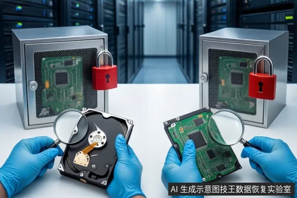 白色桌面上,戴蓝色手套的双手分别持放大镜观察裸露机械硬盘和绿色电路板,背景为两个挂红色挂锁的银色金属箱及模糊服务器机柜。