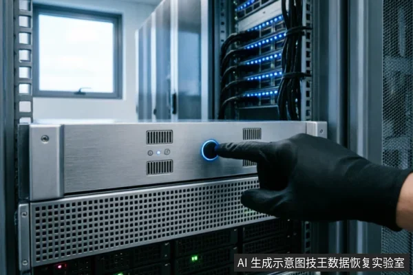 A gloved finger presses the illuminated blue power button on a silver 1U rack server in a data center.