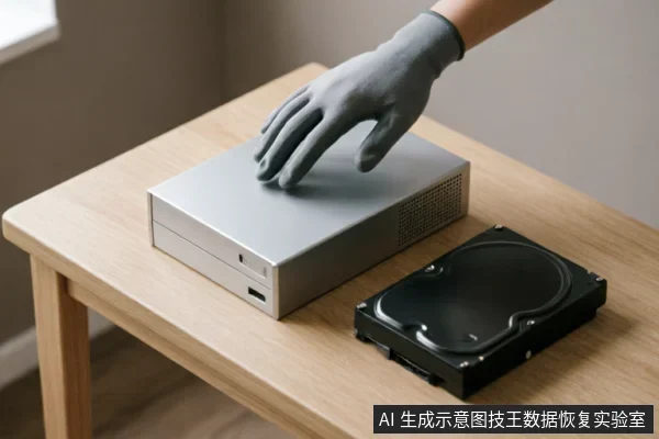 一只戴着灰色防静电手套的手正按在银色台式机光驱位外壳上,旁边木桌上放置着一块裸露的黑色机械硬盘。画面展示了硬件维护场景,体现了对存储介质的专业接触与保护意识。