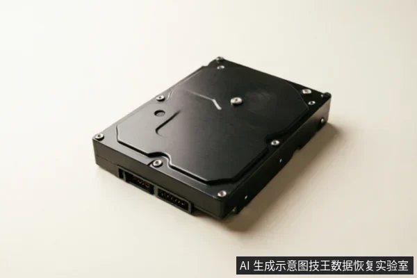画面展示了一台闭合的黑色机械硬盘,放置在纯净的米白色背景上。镜头聚焦于硬盘背面,清晰呈现了金属顶盖、固定螺丝以及底部的SATA数据与电源接口,无其他操作或环境干扰。
