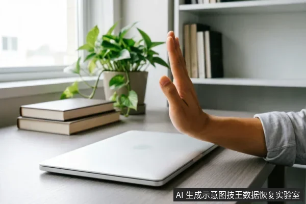 一只手掌在闭合的笔记本电脑前做出停止手势,示意拒绝操作。背景为整洁的书桌,摆放着书籍和绿植,象征在硬盘故障初期应停止通电与扫描,采取原始介质保护策略。