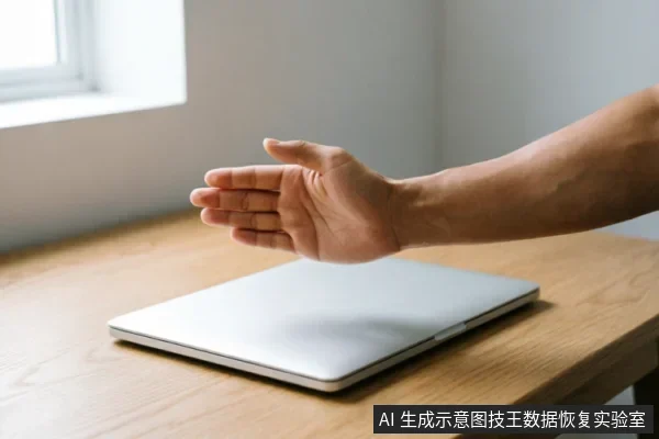 一只手掌在闭合的银色笔记本电脑上方做出明显的停止手势，示意暂停或禁止操作。木质桌面上放置着电脑，背景简洁明亮，直观传达出在设备故障时立即停止通电或扫描的警示含义。