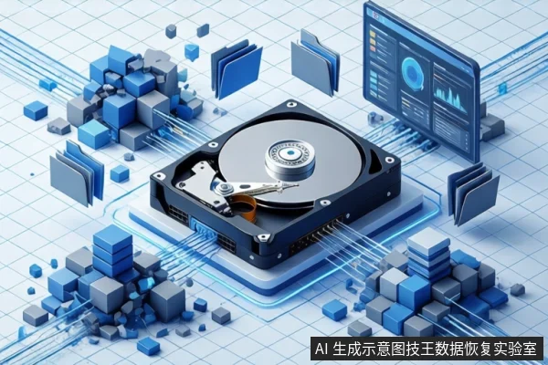 浅蓝网格背景上，一块打开外壳的机械硬盘平放在底座上，周围环绕蓝色几何碎片、文件夹图标和一块显示图表的屏幕，呈现数据恢复的抽象示意。