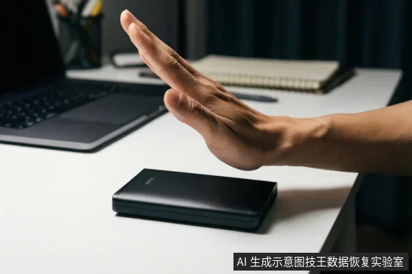 白色桌面上放置一个黑色移动硬盘,一只手掌悬停在硬盘上方,做出停止或禁止触碰的手势,背景有笔记本电脑和笔记本。