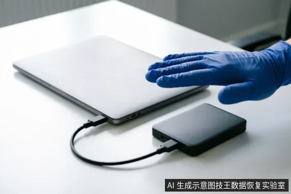 一只戴着蓝色防护手套的手悬停在闭合的笔记本电脑旁，电脑通过数据线连接着一个黑色的外接移动硬盘，展示了在洁净环境下对存储设备进行物理连接或检查的场景。