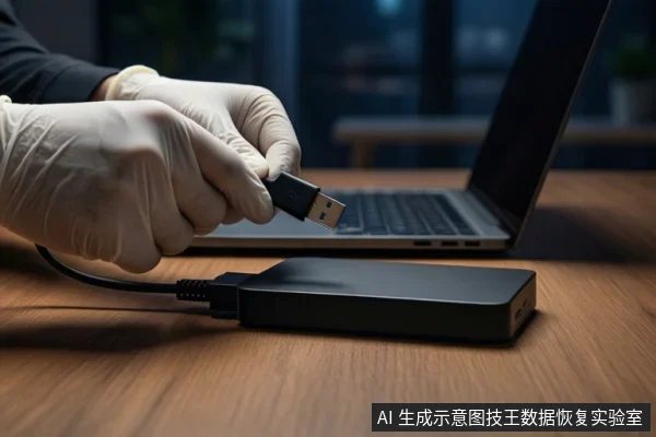 木质桌面上,前景一双戴白色手套的手持握USB接头,下方黑色外接硬盘盒连接线缆,背景有一台打开的笔记本电脑。