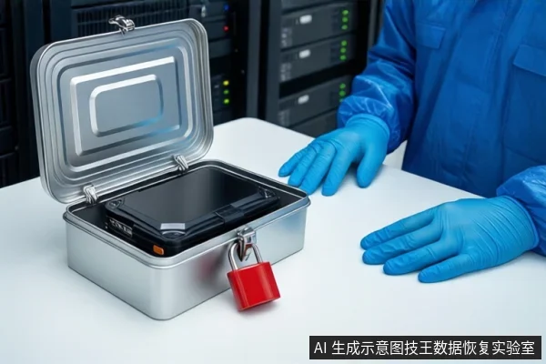 洁净室白色桌面上,一个打开的银色金属防震箱内平放一块黑色移动硬盘,箱体挂有红色挂锁。右侧戴蓝色手套的双手平放在桌面上,背景为模糊的服务器机柜和穿蓝色无尘服的技术人员。