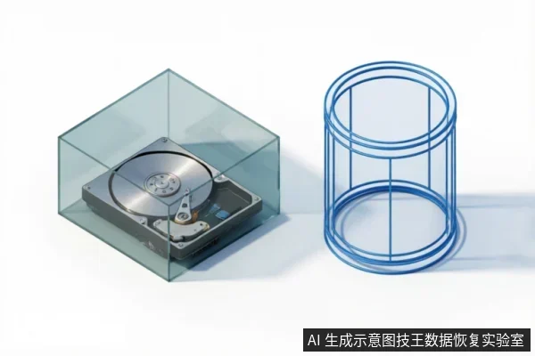 图片展示了一个封装在透明玻璃盒内的机械硬盘,旁边放置着一个蓝色的金属线框圆柱体笼子。透明盒子象征对原始存储介质的隔离与保护,蓝色笼子隐喻禁止扫描或防止数据被进一步写入的约束状态。
