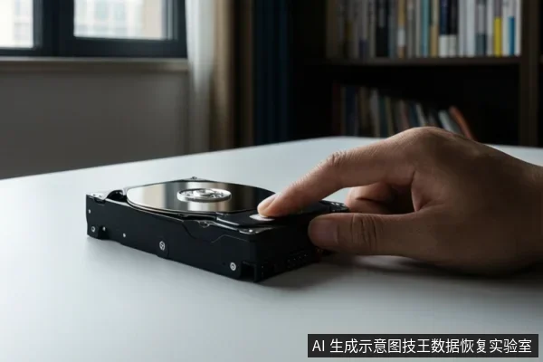 一只手正在触摸放置在白色桌面上的机械硬盘,背景为书架和窗户。