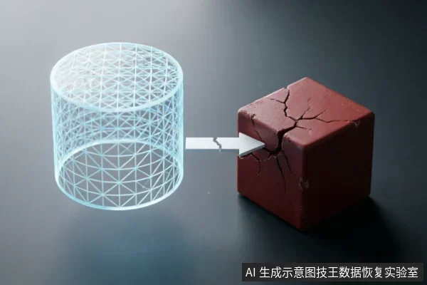 画面展示一个发光的蓝色线框圆柱体通过白色箭头指向右侧一个表面布满裂纹的红色立方体。该图像为抽象概念图,用物理结构的破损象征硬件层面的故障,与数据恢复中软件无法修复物理损坏的主题相呼应。