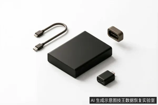 白色背景上展示了一套黑色外接硬盘连接配件,包括一个长方体移动硬盘主体、一根双头USB-C数据线以及两个不同规格的转接适配器。画面清晰呈现了设备的外部接口与连接组件,用于示意排查外部连接链及供电环节。