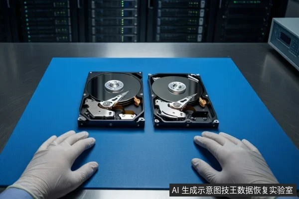 蓝色防静电垫上并排平放两块打开外壳的机械硬盘，露出盘片与磁头组件。一双戴白色手套的手平放在垫子两侧，背景为模糊的服务器机柜。