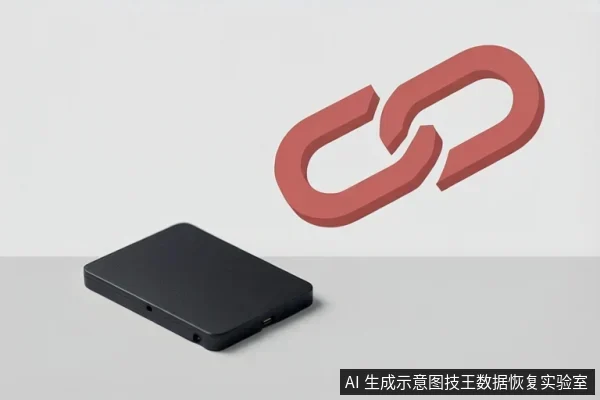 画面前景为一块黑色固态硬盘，背景有红色链条断裂图标，象征连接中断或通信故障。