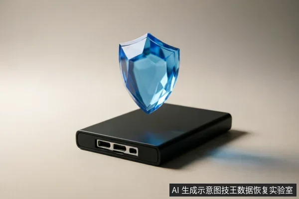 一个黑色长方形移动硬盘平放在桌面上，侧面可见USB接口。硬盘上方悬浮着一个晶莹剔透的蓝色多面体水晶盾牌，象征数据安全防护。
