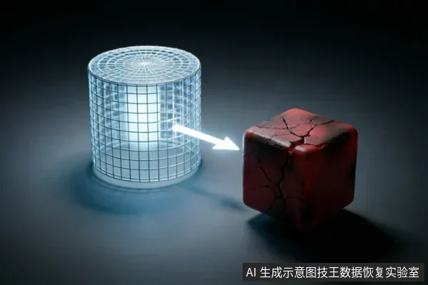 A glowing wireframe cylinder representing a data source emits an arrow pointing to a cracked red cube, symbolizing the risk of data corruption or overwrite.
