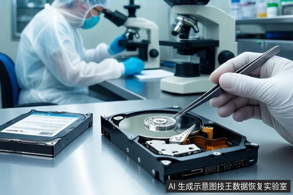 洁净室环境中,前景一只戴白手套的手持镊子操作一块打开外壳的机械硬盘,左侧平放一块闭合硬盘,背景有一名穿无尘服的技术人员正在显微镜前工作。