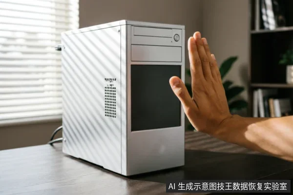 一只手掌在银色台式电脑主机箱前做出明显的“停止”手势,示意禁止触碰或开机。背景为百叶窗和书架,光线明亮,直观传达在硬盘故障时切勿自行操作、应立即断电并寻求专业帮助的核心建议。