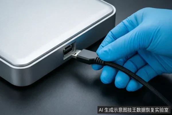 一只戴着蓝色防护手套的手正将黑色数据线插入银灰色移动存储设备的接口中,展示了排查外部连接链路时的插拔动作,体现了对硬件接口的检查过程。
