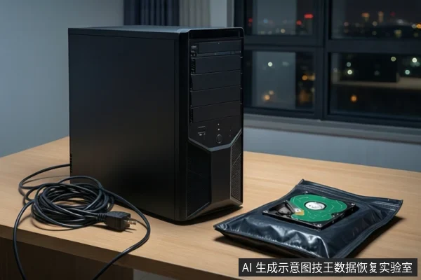 木质桌面上放置一台黑色台式主机,左侧盘绕着黑色电源线。右侧一个黑色防静电袋内装有一块打开外壳的机械硬盘,露出绿色电路板。背景为模糊的窗户和城市夜景。