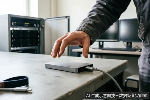 一只悬停在连接着数据线的外部移动硬盘上方的手,背景为模糊的服务器机柜和显示器。桌面左侧放有备用线缆,画面展示了外部存储设备在数据故障排查环境中的连接状态。