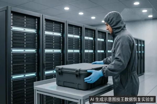 一名身穿灰色连体防尘服、佩戴蓝色手套的专业人员,正站在服务器机房环境中,双手放置于一个黑色硬质防护箱上。该场景展示了将硬件设备封存并置于洁净或受控环境中的专业操作状态。