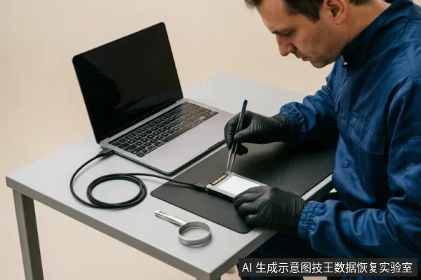 一名身穿蓝色工作服、佩戴黑色手套的技术人员正使用镊子处理放置在防静电垫上的硬盘,旁边连接着笔记本电脑和放大镜,展示了专业数据恢复环境下的硬件检测操作。