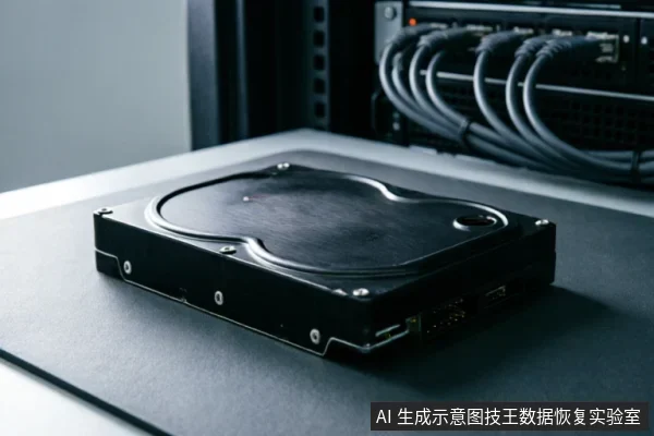 一块黑色的3.5英寸机械硬盘平放在深色桌面上，右下角清晰可见SATA数据接口与电源接口。背景虚化显示服务器机柜及连接的网线，营造出专业数据存储或硬件检测环境的氛围。