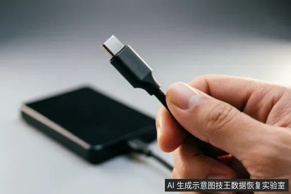 一只手握持黑色USB Type-C数据线接口,背景虚化显示一个已连接线缆的黑色移动硬盘,画面聚焦于连接动作与存储介质。