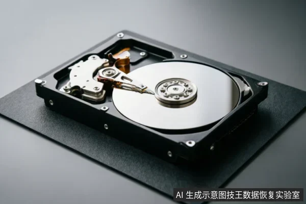 一张展示打开外壳的机械硬盘内部结构的特写图片。画面清晰呈现了银色的金属磁盘盘片、位于上方的读写磁头臂组件以及黑色的硬盘底座框架,背景为深灰色磨砂质感平面。